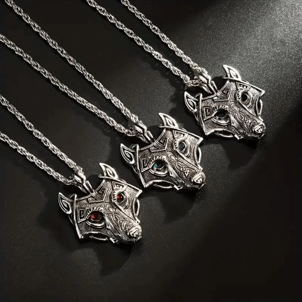 Viking Fenrir Wolf Head Stainless Steel Ruby Eye Pendant Necklace